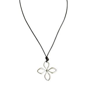 Womens Vintage Fossil Laser Cut 4 Petal Flower  Silver Pendant Leather Necklace